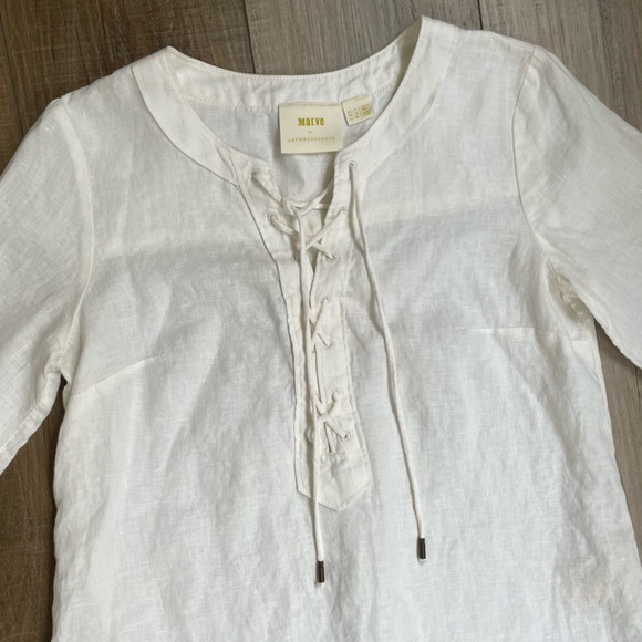 Anthropologie Maeve White Marva Lace up 100% Linen Tunic Top sz 0 | Linen Blouse - Picture 11 of 14